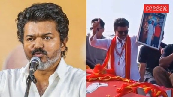 Vijay pauses campaign to accept fan's gift of an edited photo with Sangeetha and Vijayakanth