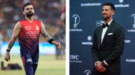 (LEFT) RCB's Virat Kohli warms up before the start of an IPL cricket match; (RIGHT) Novak Djokovic arrives for the 2026 Laureus World Sports Awards ceremony in Madrid (right). (AP Photos)