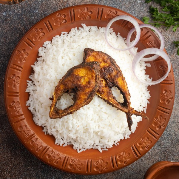 Rice and hilsa fish fry (Wikipedia)