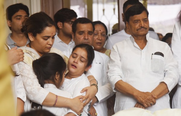 Aparna Yadav along with daughters Prathama Yadav and  Pratiksha Yadav at the time of last rides of her Husband Prateek Yadav in Lucknow on Thursday. (Express Photo by Vishal Srivastav)