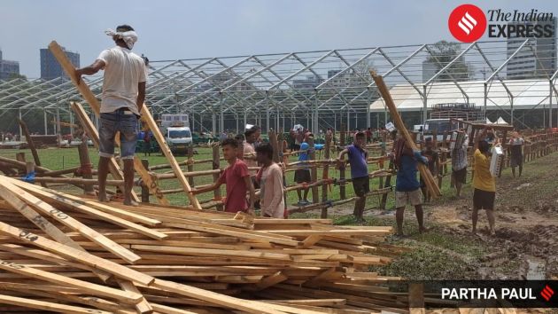 Preparations underway at Brigade Parade Ground in Kolkata ahead of the swearing-in ceremony of West Bengal’s first BJP government on Saturday, May 9