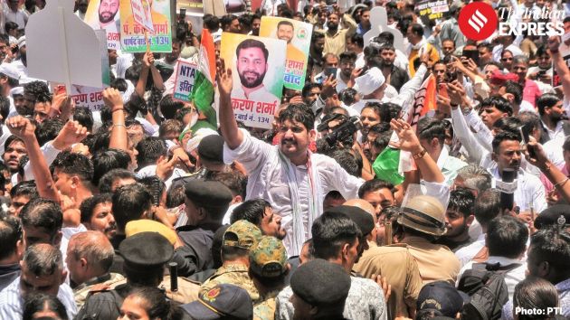 The protesters led by Rajasthan Pradesh Congress Committee chief Govind Singh Dotasra demanded the resignation of Union Education Minister Dharmendra Pradhan