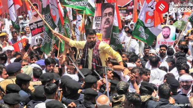 Hundreds of Congress workers marched towards the BJP state headquarters in Jaipur on Thursday
