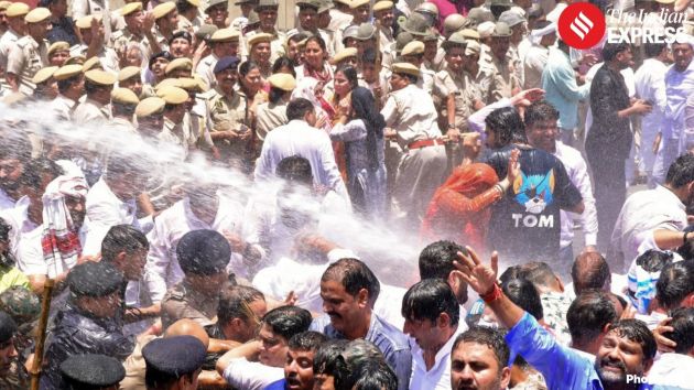 Security personnel deployed at Shaheed Smarak used water cannons to disperse the gathering