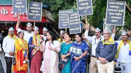 The Aam Aadmi Party (AAP) expressed strong protest regarding the sexual assaults and atrocities committed on small children in Pune and nearby areas. They demanded strict and severe punishment for the accused. (Express Photo by Pavan Khengre) crime against women