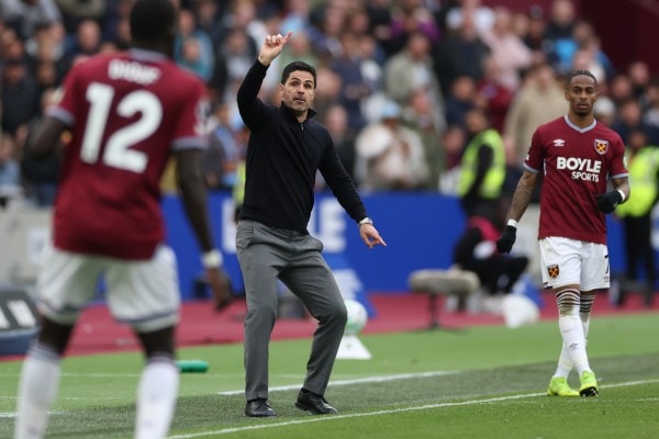 Arsenal's manager Mikel Arteta reacts during the Premier League match against West Ham. (AP Photo)