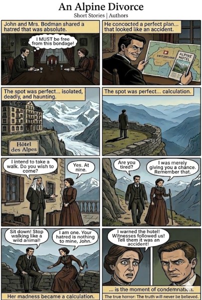 Robert Barr's story, An Alpine Divorce, depicted as a comic. (Generated using AI)