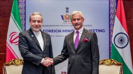 External Affairs Minister S Jaishankar during a meeting with Iran Foreign Minister Abbas Araghchi, left, on the sidelines of the BRICS Foreign Ministers meeting, in New Delhi. (@DrSJaishankar/X via PTI Photo)