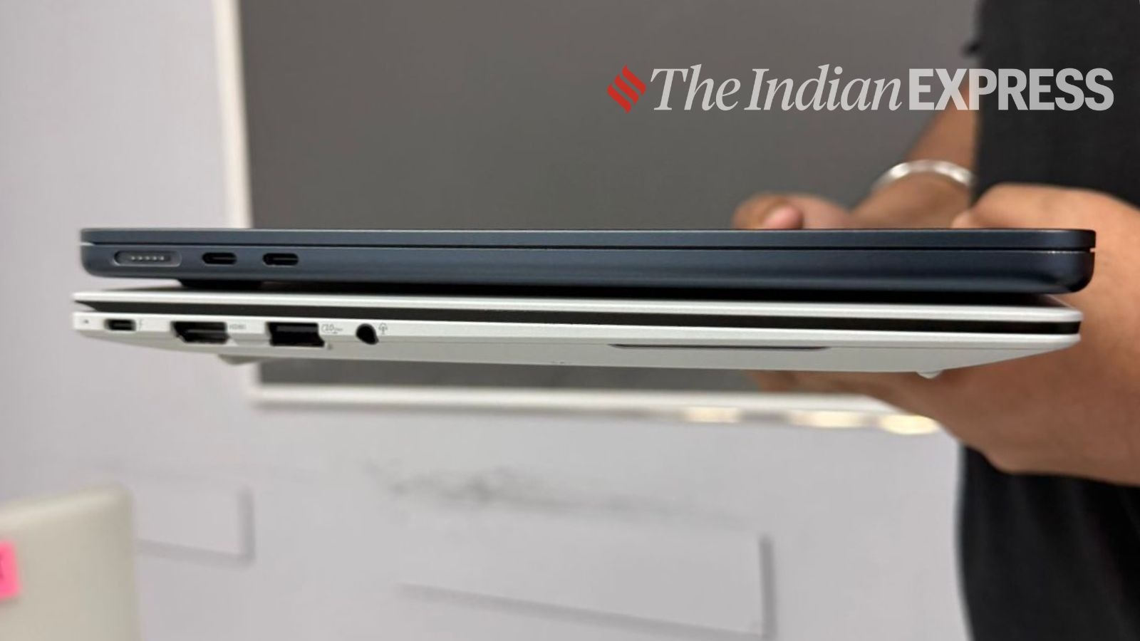 Despite its slim profile, the ExpertBook Ultra includes practical ports like USB-A, Thunderbolt 4, HDMI, and a headphone jack. (Image: Bijin Jose/The Indian Express)