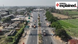 The barrier-less toll, with the earlier system visible in the background in Gujarat's Choryasi.