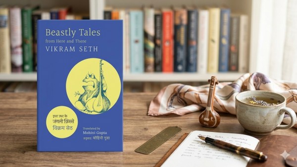 A high-resolution editorial photograph for a book review. The book 'Beastly Tales from Here and There' by Vikram Seth is positioned on a wooden desk. The cover features a distinctive blue background with a yellow circle depicting a frog playing a traditional Indian string instrument. The setting is a warm, sunlit study with a blurred library in the background, a cup of tea, and a leather notebook, evoking a mood of contemplative reading and literary analysis.