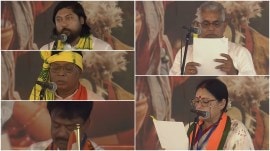 Dilip Ghosh, Agnimitra Paul, Ashok Kirtanya, Kshudiram Tudu, Nisith Pramanik take oath as Bengal Cabinet ministers.