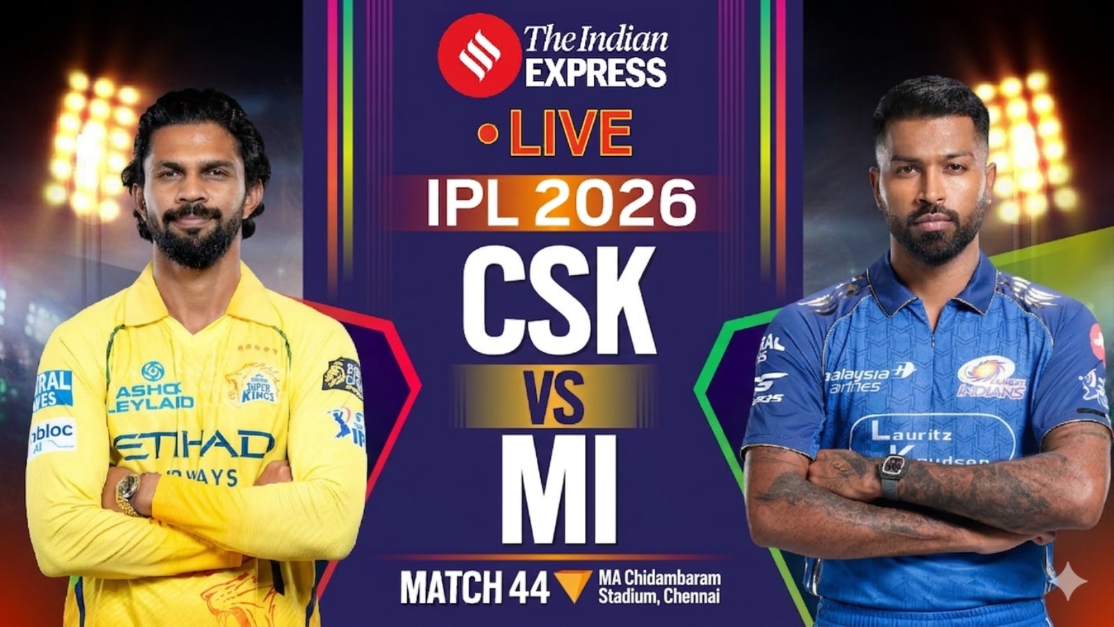 CSK vs MI LIVE Score Updates, IPL 2026: Follow Chennai Super Kings vs Mumbai Indians live updates. (CREIMAS FOR IPL)