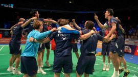 Members of the France badminton team celebrate their win in the Thomas Cup semi-finals over India. (Screengrab via BWF YouTube)