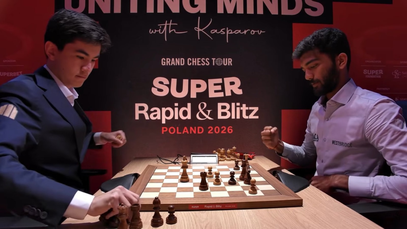 World champion Gukesh Dommaraju does an uncharacteristic fist pump after defeating Javokhir Sindarov in the fifth round of the  Super Rapid and Blitz tournament in Warsaw. (Photo: Screengrab via Saint Louis Chess Club)