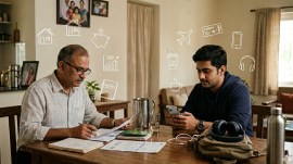 Young adults and parents discussing financial decisions