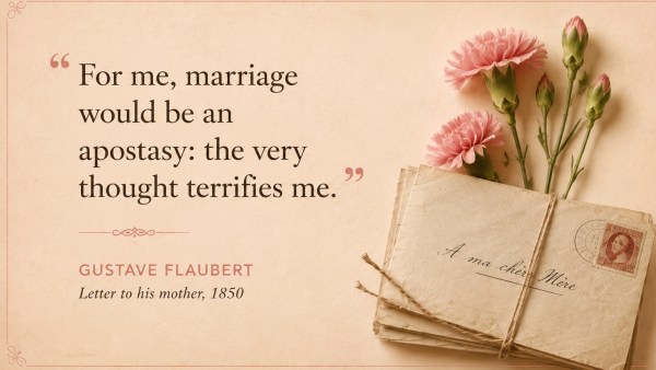 A vintage-style literary quote card with a warm parchment background featuring Gustave Flaubert. 