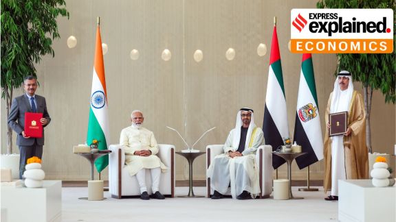 Prime Minister Narendra Modi and UAE President HH Sheikh Mohamed bin Zayed Al Nahyan witness the exchange of an MoU, in Abu Dhabi on Friday. (DPR PMO/ANI Photo)