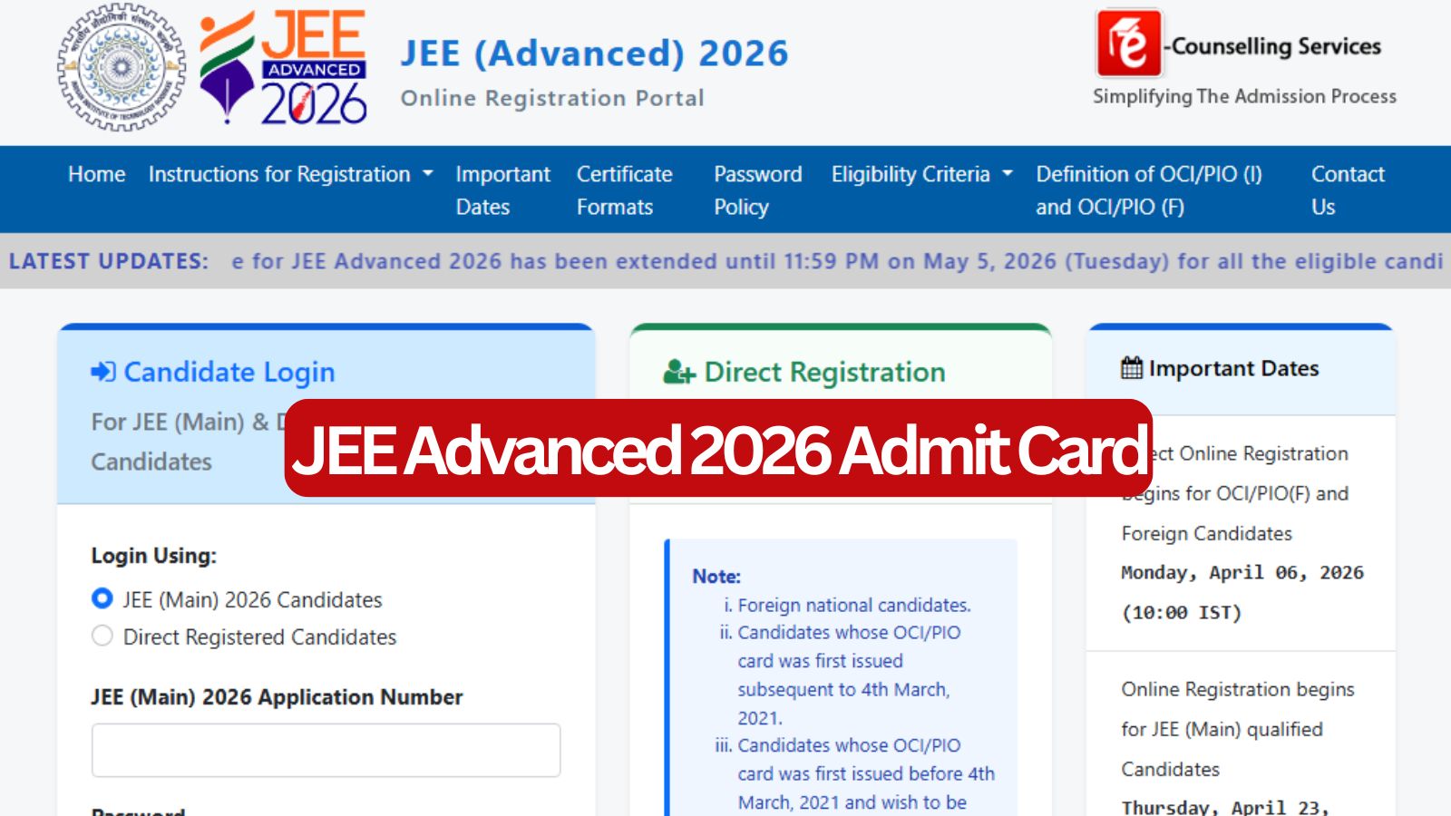 JEE Advanced 2026 admit card releasing tomorrow at jeeadv.nic.in