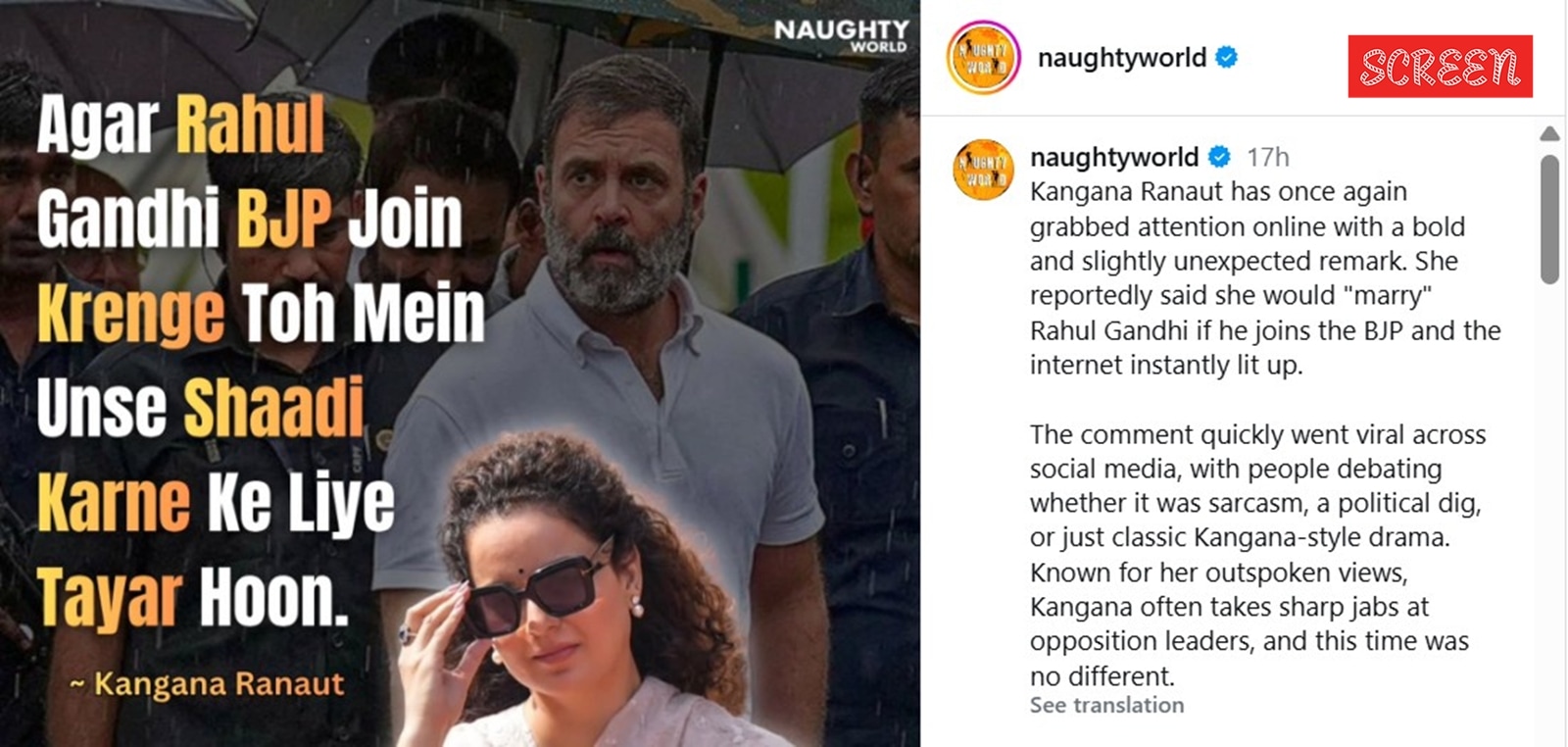 An Instagram meme page recently stated that Kangana Ranaut had offered to marry Rahul Gandhi if he joined the BJP.