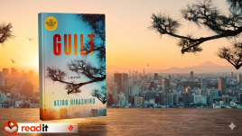 View the official book cover for 'Guilt: A Mystery' by Keigo Higashino. The design features a stylized silhouette of pine branches set against a vibrant city skyline during a golden sunset, with bold, red typography for the title 'GUILT'.