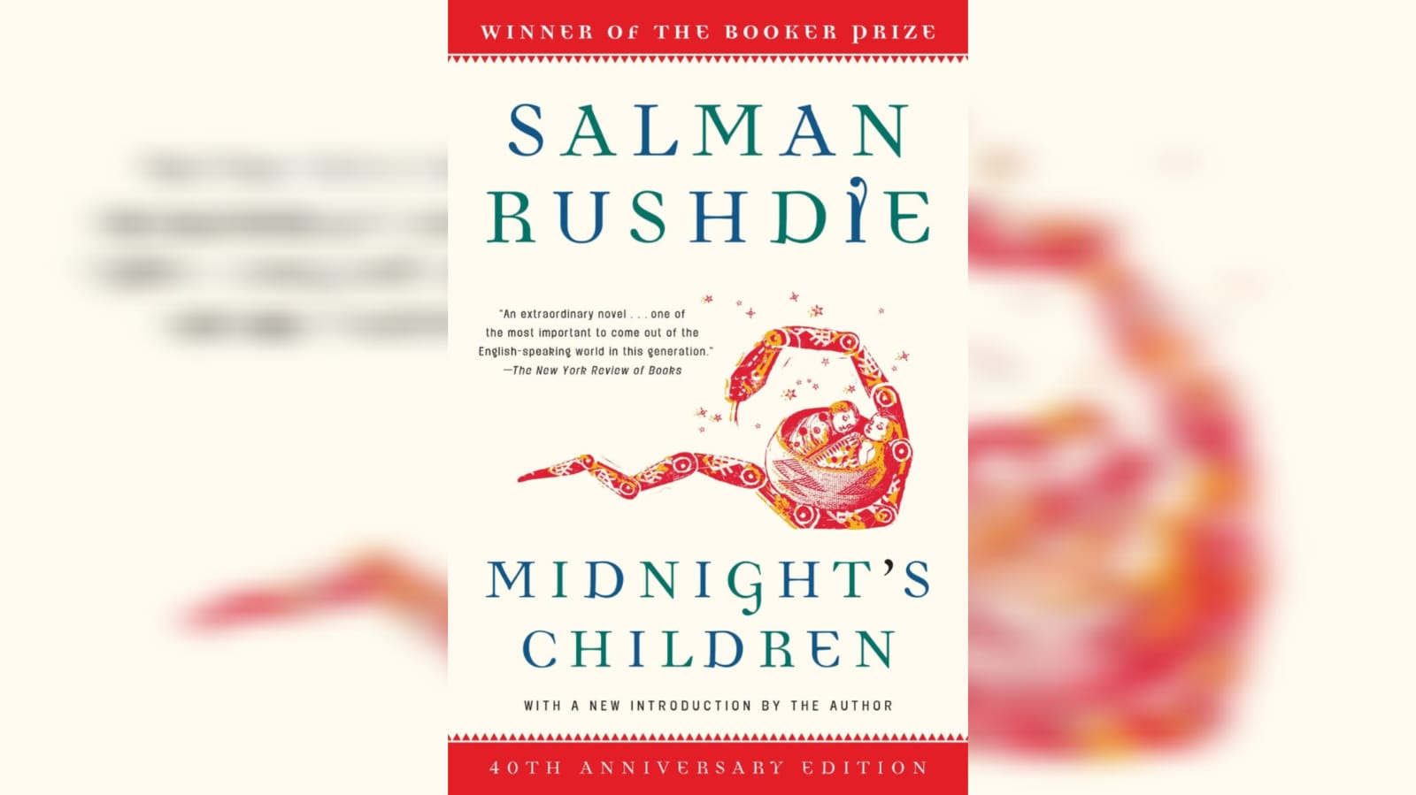 This a cover of the book Midnight's winner one of the international booker prize winner by an Indian Author. Cream and red colour are majorly used at the background.