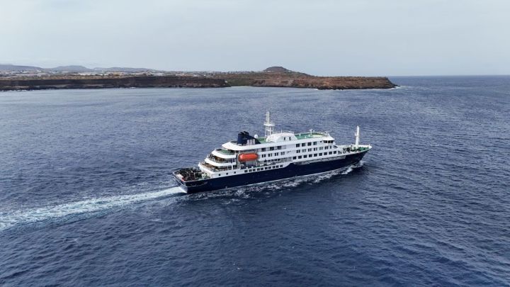 A drone view of the cruise ship MV Hondius, carrying passengers suspected of having cases of hantavirus on board. (File Photo)