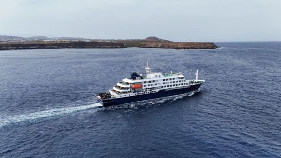 A drone view of the cruise ship MV Hondius, carrying passengers suspected of having cases of hantavirus on board. (File Photo)