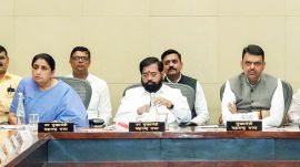 Deputy Chief Ministers Sunetra Ajit Pawar and Eknath Shinde, and Maharashtra CM Devendra Fadnavis. (left to right) (@CMOMaharashtra X/ANI Photo)