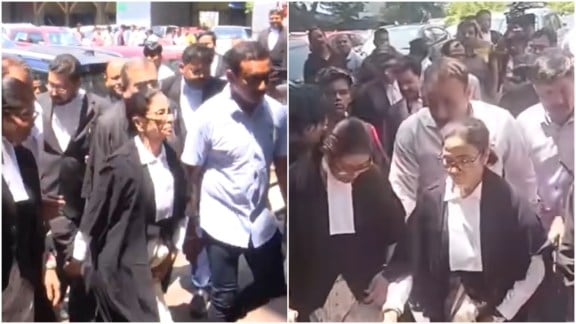 Mamata in lawyer's attire outside the Calcutta High Court (Express Photo/PTI).
