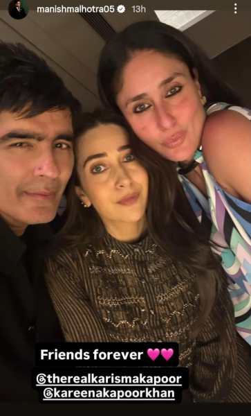 Manish Malhotra with Karisma Kapoor and Kareena Kapoor at Karan Johar birthday party