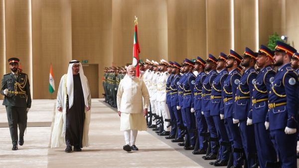 Prime Minister Narendra Modi and UAE President Sheikh Mohammed bin Zayed Al Nahyan. (Credit: X/@narendramodi)
