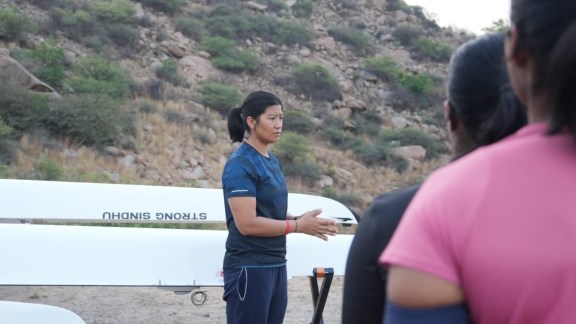 Rowing coach Narengbam Lakshmi Devi oversees a session in the gym at the IIS Vijaynagar Centre. (Photo: IIS)