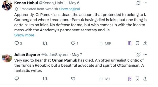 Several people were taken in by the convincing handle name that used both Academy member Carlberg's name and SvAkad, shorthand for Svenska Akademien (Swedish Academy), only to realise later that it was a hoax. (Screenshot: X/@Kenan_Habul/ and X@JulianSayarer)