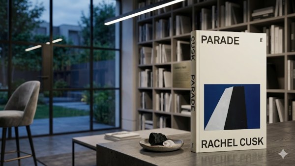 Parade by Rachel Cusk lying on a living room table with a library. 