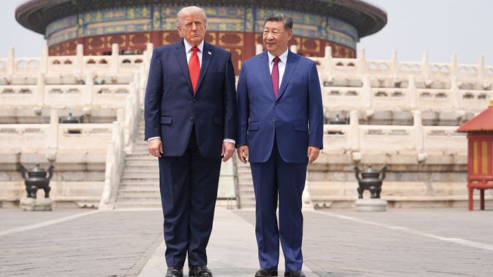 President Donald Trump poses with Chinese President Xi Jinping at the Temple of Heaven on Thursday May 14, 2026, in Beijing