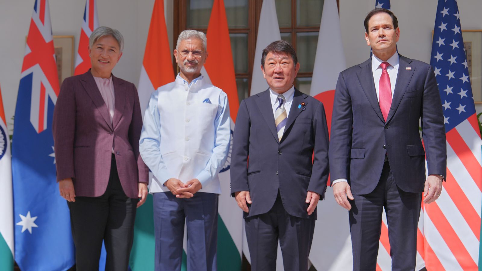 Australian Foreign Minister Penny Wong, India's Minister of External Affairs S. Jaishankar, Japanese Foreign Minister Toshimitsu Motegi and U.S. Secretary of State Marco Rubio pose following a Quad ministerial meeting at Hyderabad House in New Delhi, India, Tuesday, May 26, 2026. (AP Photo)