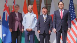 Australian Foreign Minister Penny Wong, India's Minister of External Affairs S. Jaishankar, Japanese Foreign Minister Toshimitsu Motegi and U.S. Secretary of State Marco Rubio pose following a Quad ministerial meeting at Hyderabad House in New Delhi, India, Tuesday, May 26, 2026. (AP Photo)