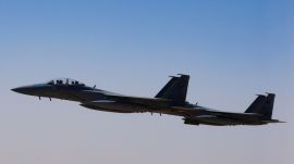 A Saudi fighter jet accompanies Air Force One, carrying US President Donald Trump, on approach to the King Khalid International Airport in Riyadh, Saudi Arabia, May 13, 2025. (REUTERS)