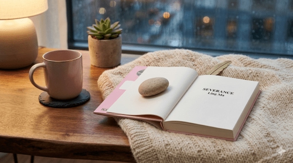 The book Severance by Ling Ma lying on a bedside table, a cup, succulent and lamp in vicinity. 