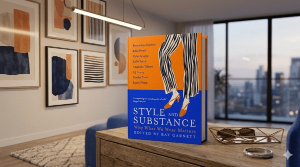 Style and Substance: Why What We Wear Matters — Bay Garrett the book lying on a mantle of a living room. 