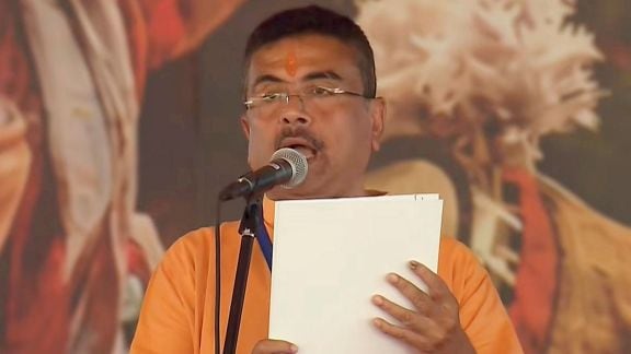 BJP leader Suvendu Adhikari takes the oath, as he becomes West Bengal's Chief Minister, at Brigade Parade Ground in Kolkata, West Bengal. (@NarendraModi/YT via PTI Photo)