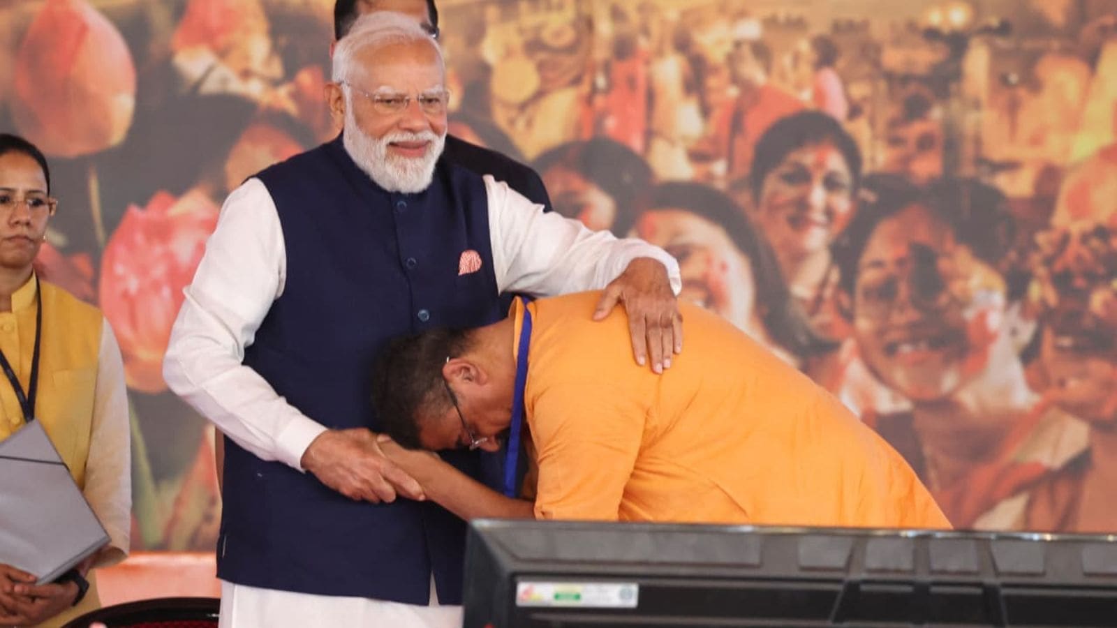 Suvendu Adhikari with PM Modi at the oath ceremony in Kolkata on Saturday (Express Photo by Partha Paul).