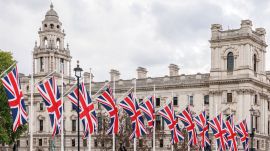 British flags outside Parliament Square in London, which hosts various governemental offices including the AI Security Institute, on May 12, 2026.