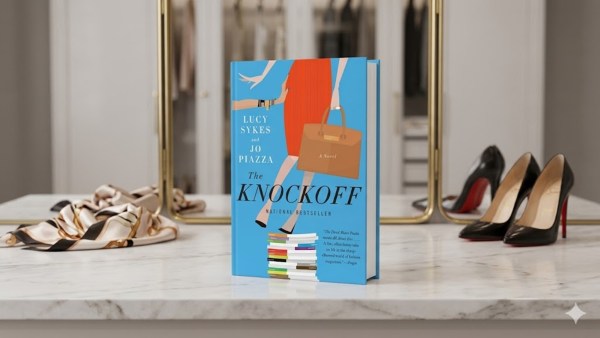 The book The Knockoff by Lucy Sykes & Jo Piazza sits on a marble dressing counter with a mirror behind it, a scarf discarded to the left and a pair of stilettoes on the right. 