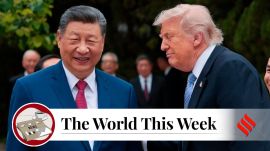 US President Donald Trump, right, speaks with Chinese President Xi Jinping while leaving after a visit to the Zhongnanhai Garden in Beijing. (AP)