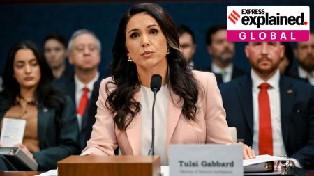 FILE — Tulsi Gabbard, the director of national intelligence, appears before the House Intelligence Committee in Washington on March 19, 2026. Gabbard is resigning from her post overseeing the nation’s 18 spy agencies, a spokeswoman for her office said on Friday, May 22. She said her husband has been diagnosed with a rare bone cancer. (Kenny Holston/The New York Times)