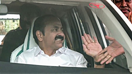 Kerala's Chief Minister-designate V. D. Satheeshan interacts with supporters as he leaves from his residence