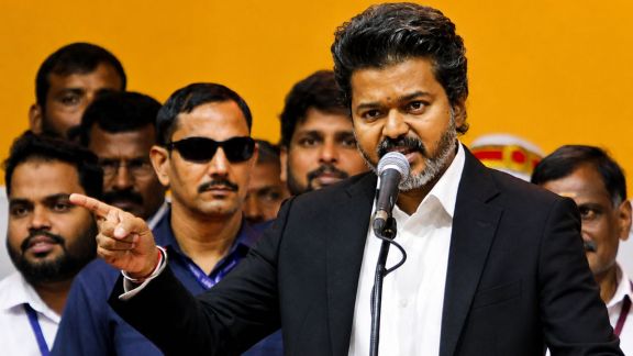 Tamilaga Vettri Kazhagam (TVK) Chief C. Joseph Vijay speaks during the oath taking ceremony of Tamil Nadu CM, in Chennai on Sunday. (ANI Photo, enhanced using AI)