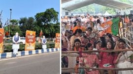 Streets of Kolkata adorned with cutouts of Prime Minister Narendra Modi, ahead of Suvendu Adhikari's swearing-in as West Bengal's first BJP chief minister; (right), People and BJP supporters who gathered at Brigade Parade Ground (Express photo: Partha Paul)
